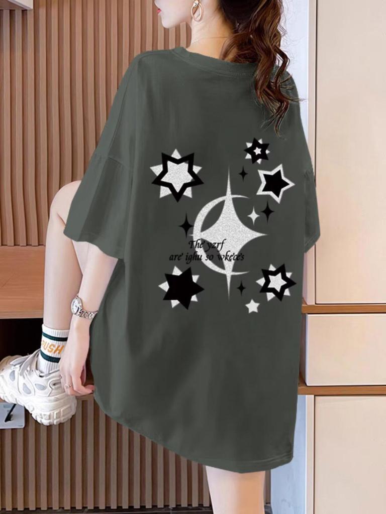 Damen 2025 Sternenprint Weiß Kurzarm Locker Mittellang T-Shirt - Frühling/Sommer Trend