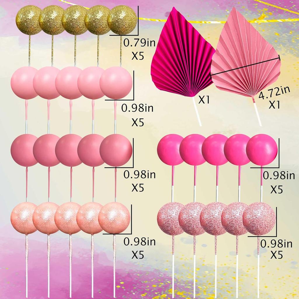 32-teiliges Set rosa Kugeln und Palmenblätter als Kuchendekoration im Boho-Stil für Hochzeiten und Geburtstage