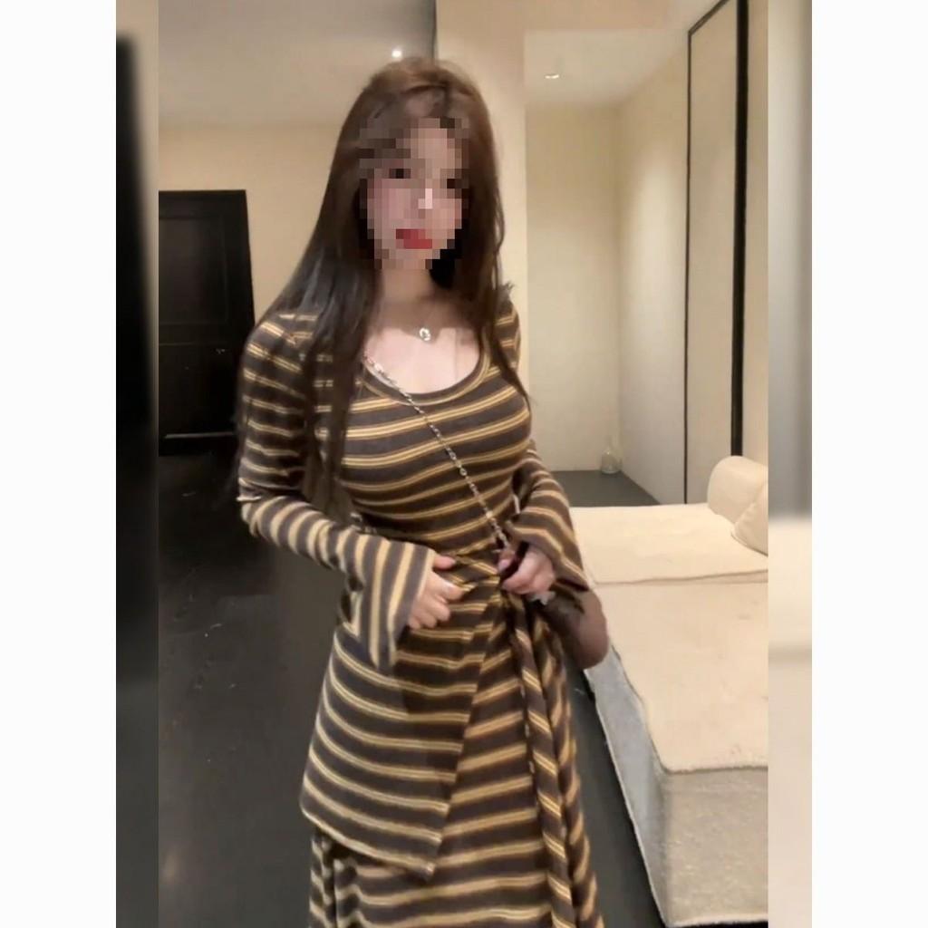 Vintage Striped Knit Dress With Long Sleeves For Spring Retro Style Women