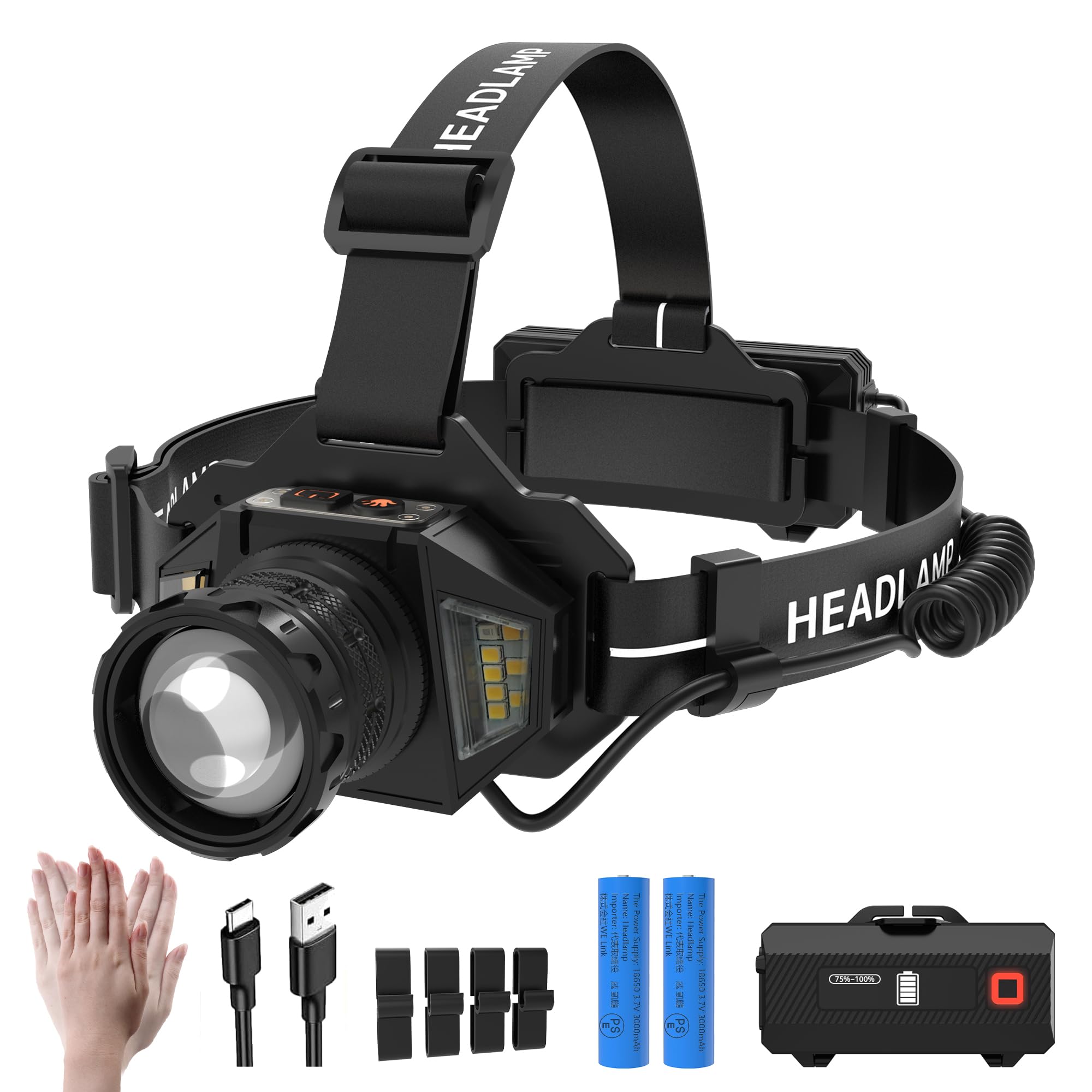 

Перезаряжаемый светодиодный налобный фонарь с 3-цветным светом 13 6000 мАч Зум Каска 60 часов непрерывной работы IP65 Уровень заряда батареи Идеально подходит для горного туризма, активного отдыха и чрезвычайных ситуаций чёрный