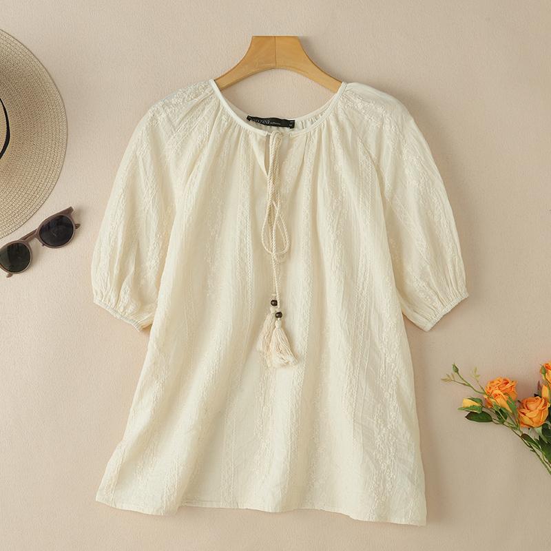 

ZANZEA Женская повседневная блузка свободного кроя с вышивкой и коротким рукавом в стиле пэчворк 4XL бежевый