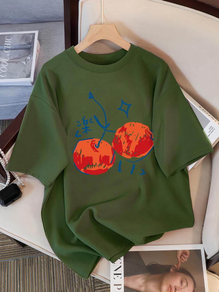 Cherry Illustration Prints Women T-Shirt Casual Sport Short Sleeve Breathable Summer T Shirt Cotton Street New Clothing