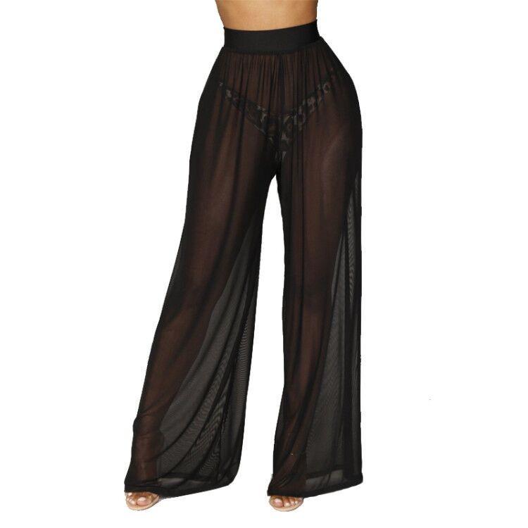 2023 Summer Solid Mesh Wide-Leg See-Through Nightclub Pants for Europe & America