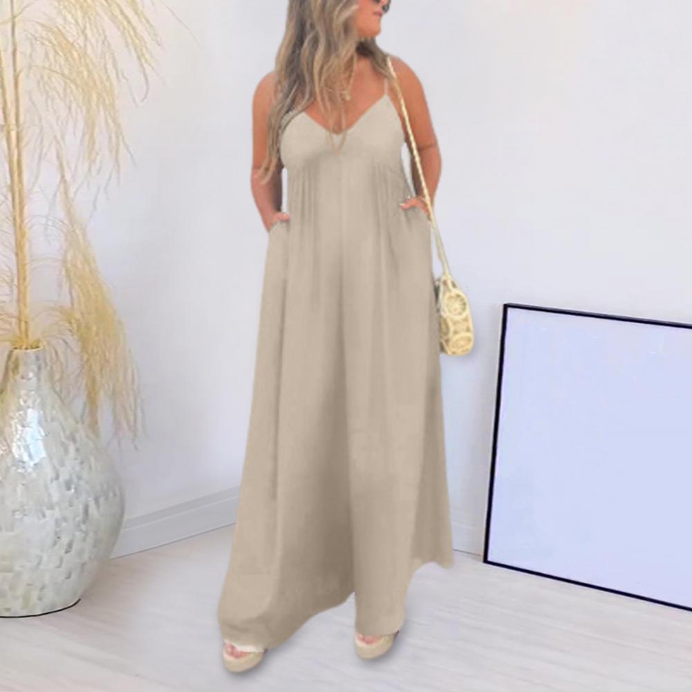 Summer Women Jumpsuit Deep V-Neck Sleeveless Backless Wide Leg Comfortable Fit Pure Color Pleated Spaghetti Strap Leisure Vacation Beach Lo