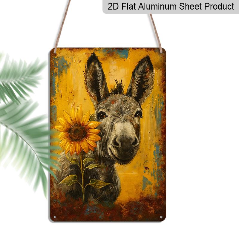 2D Flat, Vintage Metal Donkey Sign, Cute Donkey and Sunflower Patterns, 8x12 Inch, Durable Aluminum Material, Indoor/Outdoor Decorative Hanging Plate