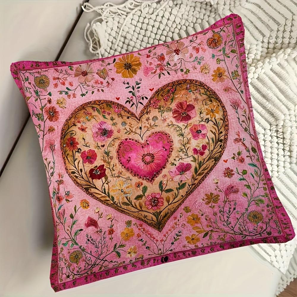 

Pink Floral Heart-Patterned Pillow Cover for Cozy Decor Sofa cushion cover, home room dormitory decoration, 2D printing 45x45cm-1pcs