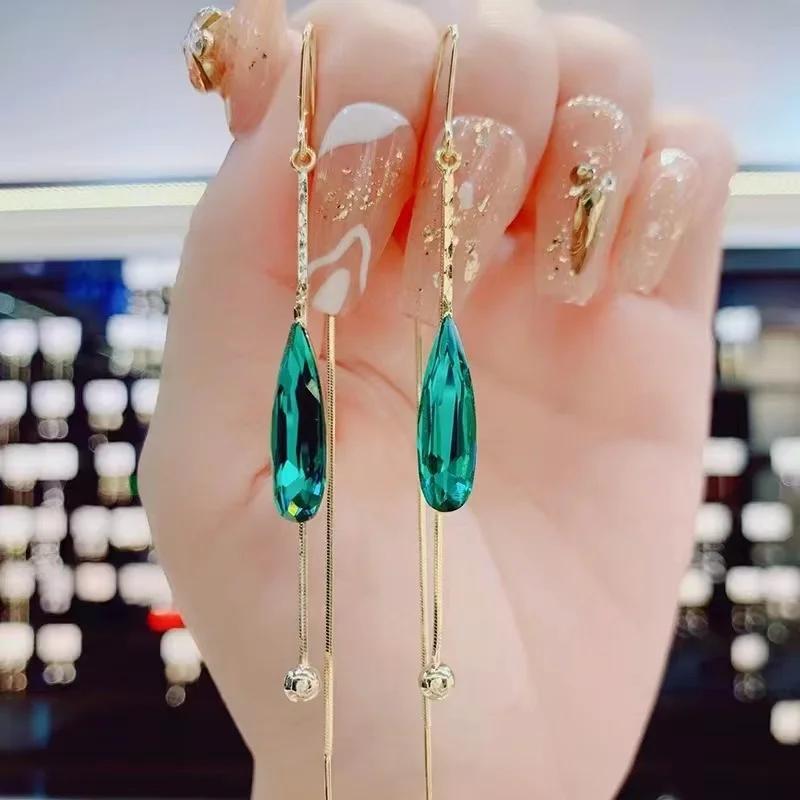 Korea Luxury Long Green Drop Crystal Earstring Fashion Temperament Simple Tassel Earrings Vintage Women Pendant Earring Party