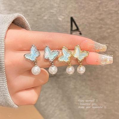 Boucles d'oreilles papillon perle en argent S925 haut de gamme - Polyvalentes, design luxueux Océan bleu pour femmes