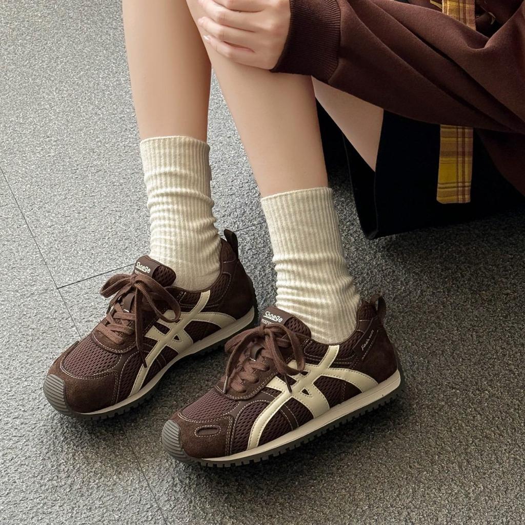 Frosted Leather Flat-bottomed German Training Shoes Women's 2025 New Autumn Mesh Forrest Gump Shoes Black Foot-showing Small Casual Sports Shoes