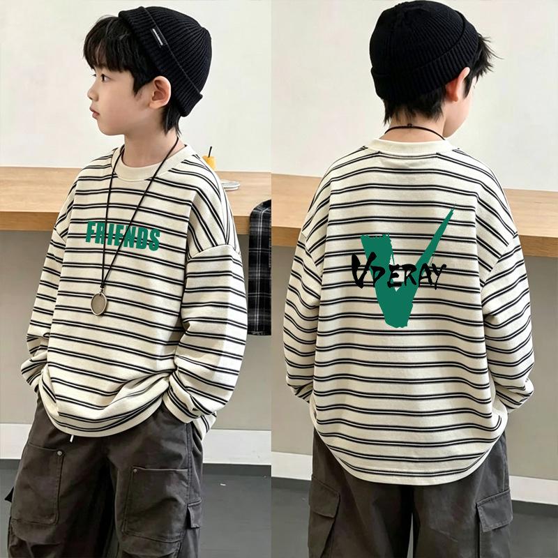 Boys' Striped Cotton Long-Sleeve Patchwork Top - New Spring/Autumn Style