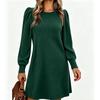 Womens Knit Midi Dress With Puff Sleeves Loose Fit Round Neck Casual A-Line Pocket