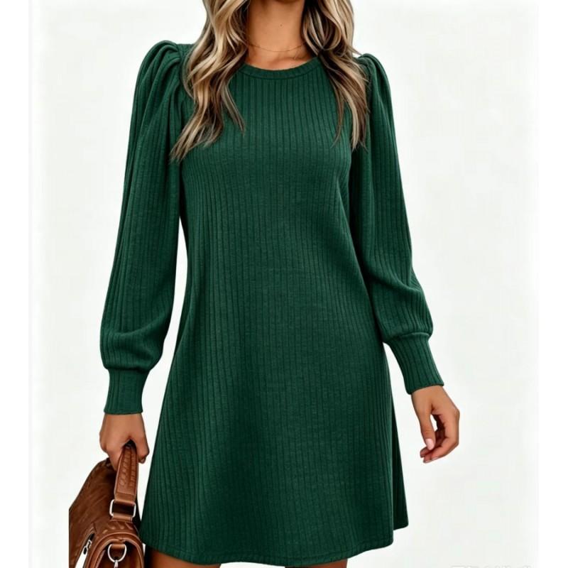Womens Knit Midi Dress With Puff Sleeves Loose Fit Round Neck Casual A-Line Pocket