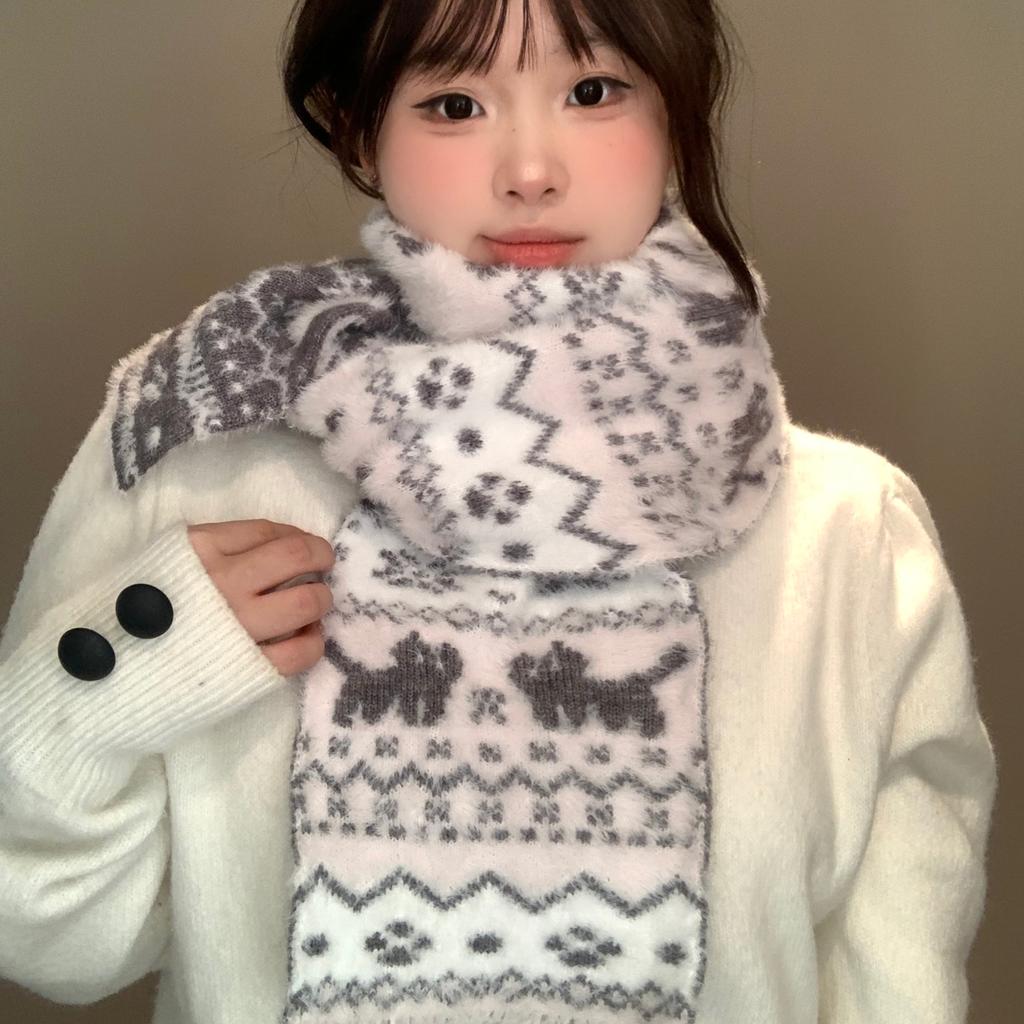 Fair Island Jacquard Cute Cat Plush Knitted Scarf Women's Autumn and Winter Korean Atmosphere Warm Versatile Scarf