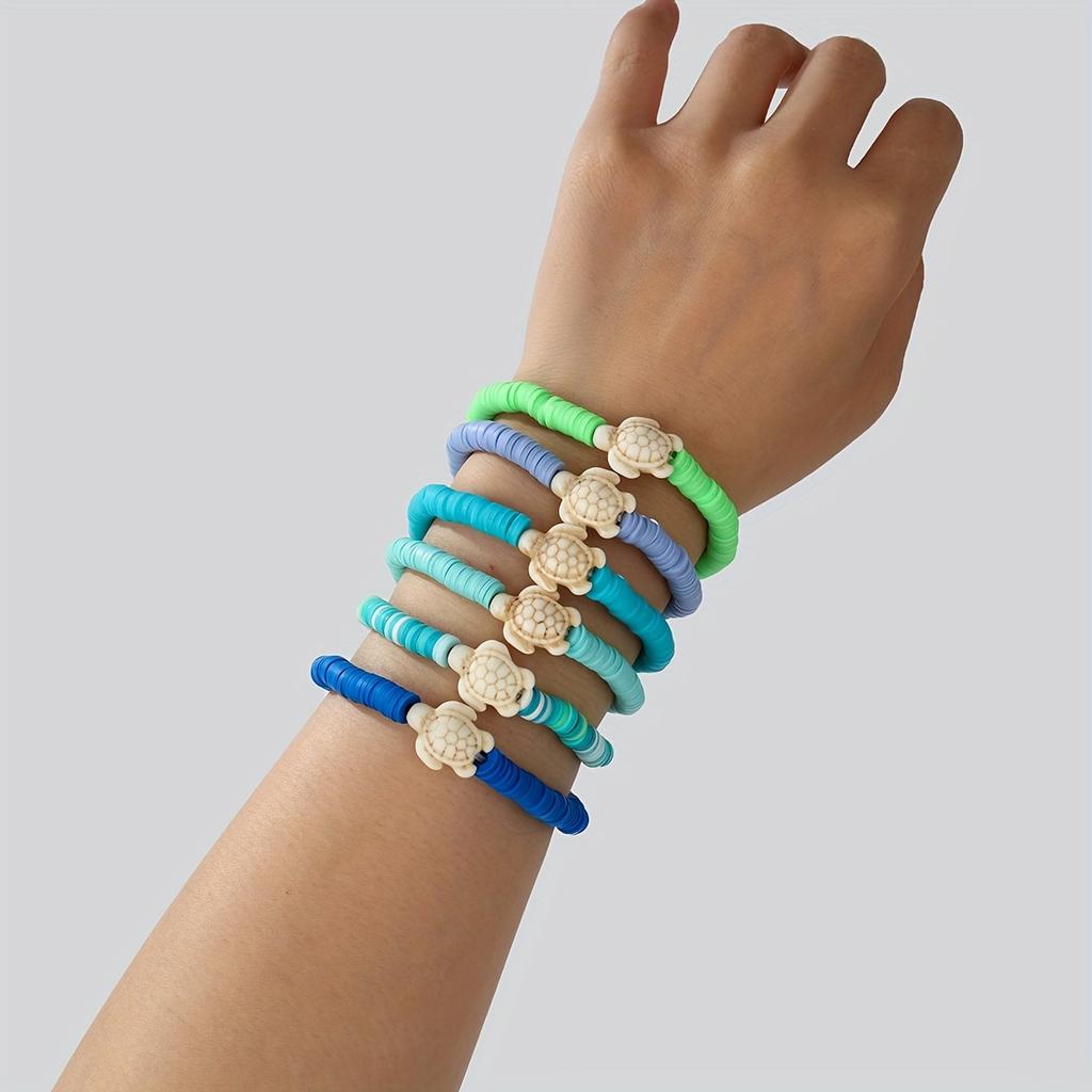 WTEMPO Summer Ocean-Themed Polymer Clay Bracelet Set Cute Stackable Stretch Bracelets & Anklet with Synthetic Turquoise and Sea Turtle Charms