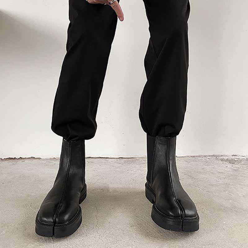 Genuine leather Split-toed Boots Mid-tube Chelsea Boots Men's and Women's Couples High-top Set of Split-toed Leather Shoes