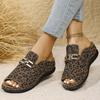 Foreign trade large size summer new slope heel thick-soled slippers metal decoration Roman style fish mouth beach cool leopard print slippers