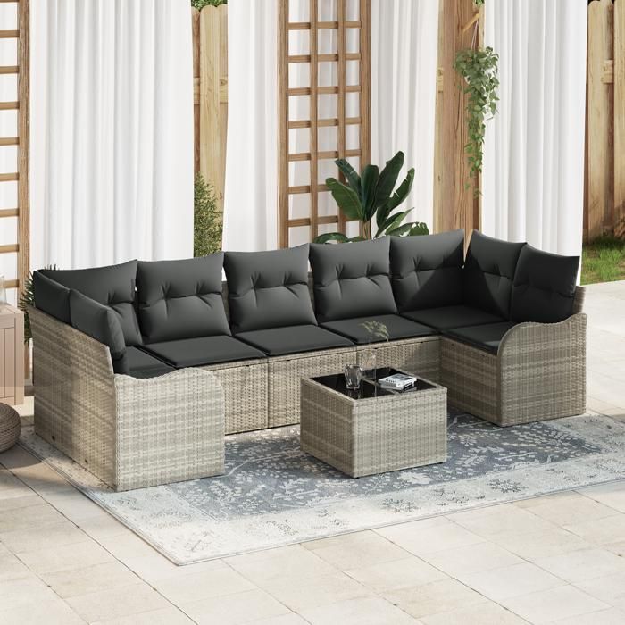 Ensemble de canapé de jardin 8 pièces avec coussins gris clair en poly rattan, Canapé de jardin 2 places avec coussins gris 3345622