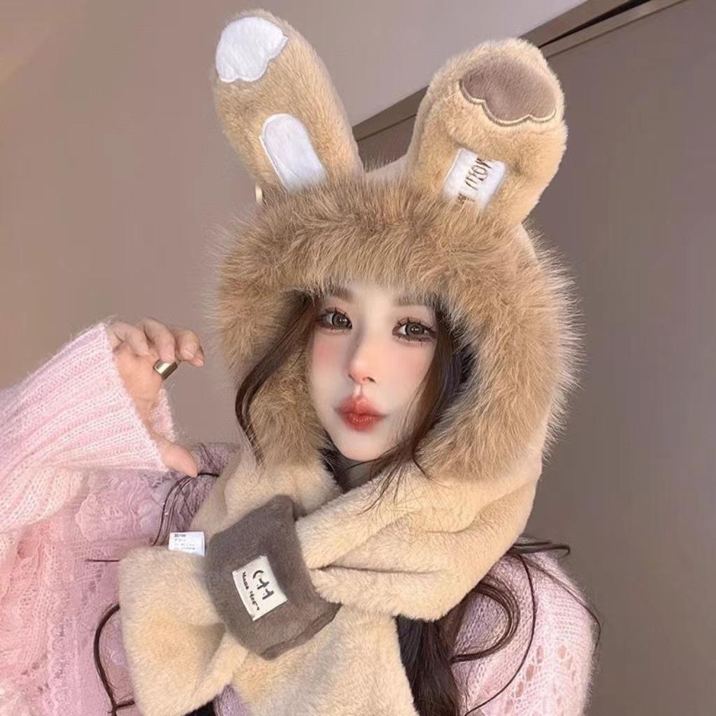 Three-dimensional rabbit ears plush hat two-piece set, ear protector, Lei Feng hat, cycling cold-proof hat, scarf integrated two-piece set