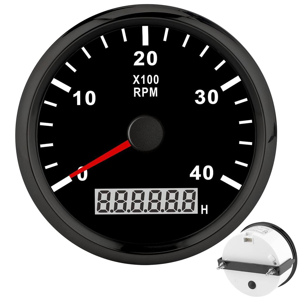 Tachometer, 85mm Pointed 4000RPM Tachometer Gauge Boat Sailboat Diesel Generator Engine/Gasoline Engine (Black with Black Frame)