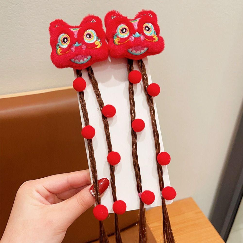 Wig Red Bow Hair Clip Tassel Plush Ball Hairpin Cute New Year Headwear  Decoration