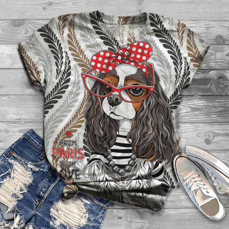 Summer New Printed Short Sleeve Top for Women, Round Neck 3D Dog Printed Women's T-shirt