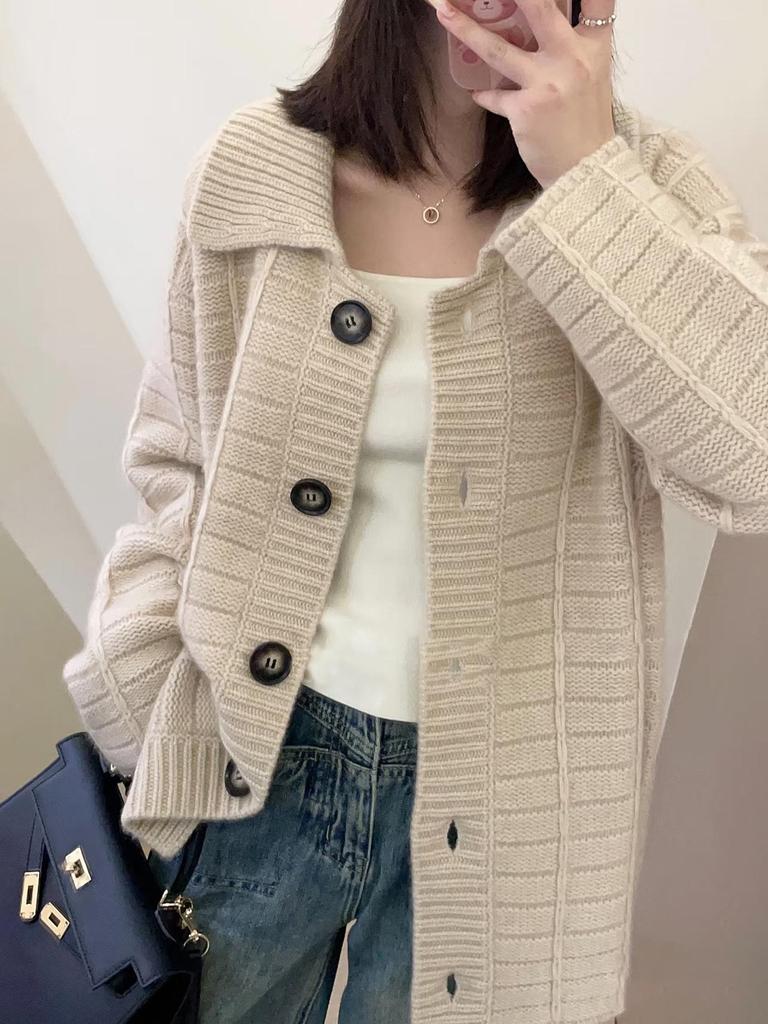 Women's 100% Pure Wool Lapel Cardigan: 2025 Autumn/Winter Loose Thick Knitwear Sweater.