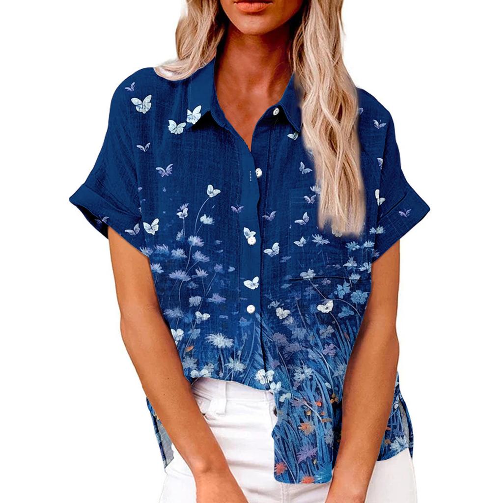 Women's Fashion Loose Casual Short Sleeve Lapel Button Down Shirt Printed T-Shirt Top