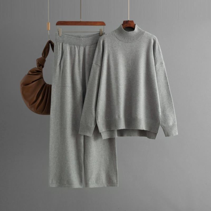 Solid Color Knitted Semi-turtleneck Slit Sweater Set Women's Autumn and Winter New Large Size Casual Knitted Sweater Two-piece Set