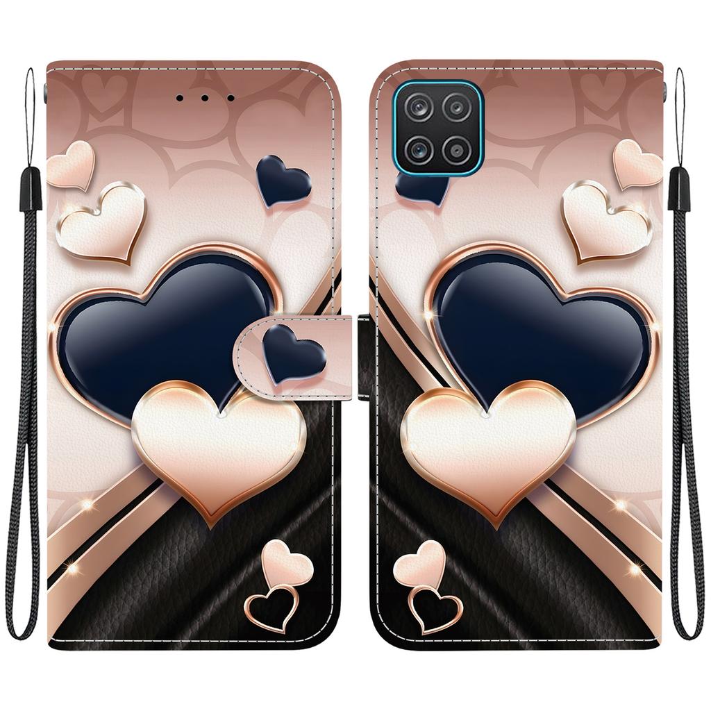 Handgefertigte PU-Leder-Flip-Hülle für Samsung Galaxy A12 5G Rutschfeste Stoßfeste Hülle mit Handschlaufe & Herz/Rose Katze Designs