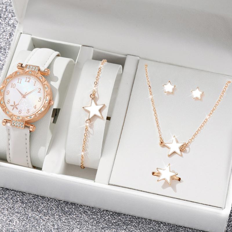 6 Peças/Conjunto Relógio Feminino Moda Flores Pulseira de Couro Relógios Analógicos de Quartzo Conjunto de Joias Borboleta(Sem caixa)