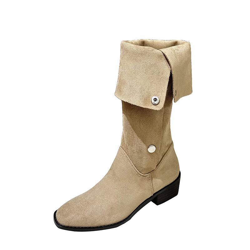 2025 autumn and winter new stacking boots medium tube thick heel knight boots pleated western cowboy boots but knee boots women