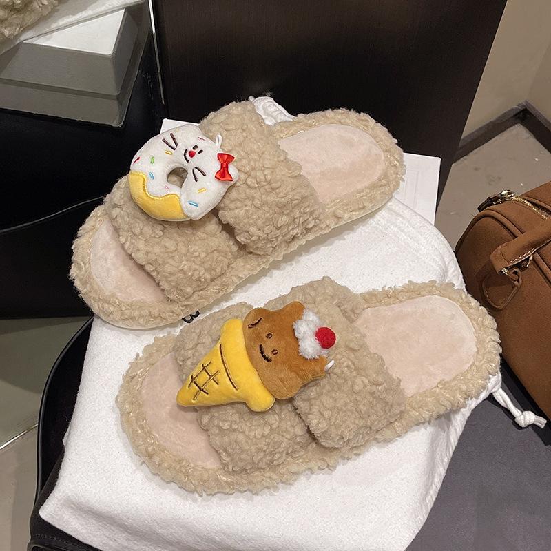 Fashion Cute Cartoon One Word Slippers Women's Autumn Winter Warm Non Slip Casual Plush Shoes Lightweight Comfortable Indoor Home Shoes