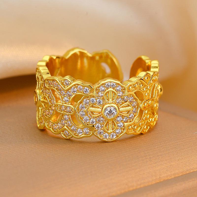 Elegant Chinese-Inspired Gold-Plated Vajra Ring with Cubic Zirconia - Women's Luxurious Ruyi Design and Long-Lasting Color Retention