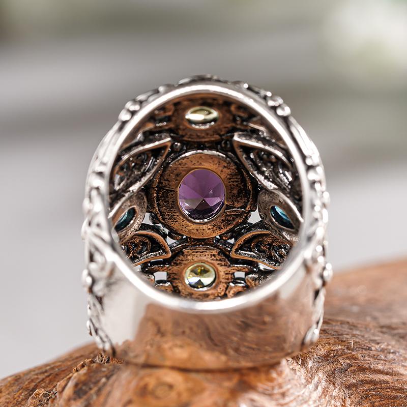Huitan Vintage Women CopperColor Ring with Multiple Colors Bright CZ Engrave Design Accessories for Party Daily Female Jewelry