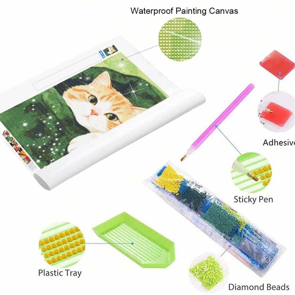 DIY Full Drill Diamond Painting Kit Cute Cat In Green Leaf Rhinestone Canvas Art for Cozy Room Decor Gift
