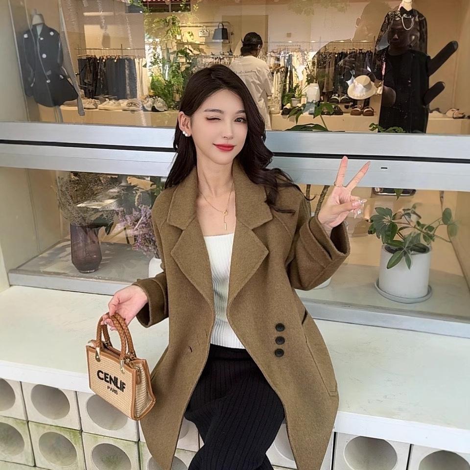 

Новое осенне-зимнее двухстороннее шерстяное пальто в корейском стиле, свободное повседневное шерстяное пальто в мелкую клетку S