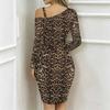 Women Plus Size Asymmetric Cold Shoulder Long Sleeve Dark Gold Leopard Print Irregular Wrap Bodycon Midi Dress