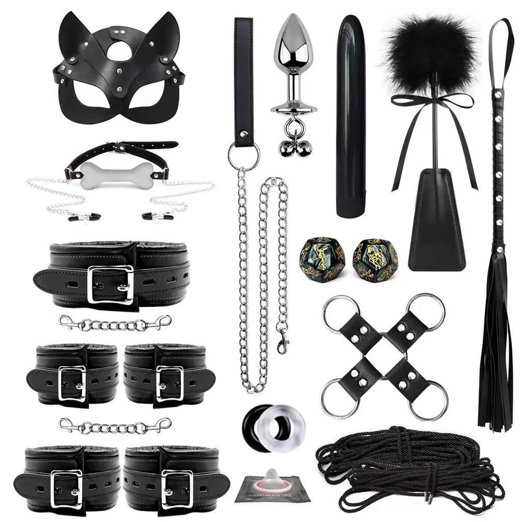Bondage Set BDSM Kits Adults Sex Toys for Women Men Handcuffs Nipple Clamps Whip Spanking Fetish Metal Anal Plug Vibrator Butt