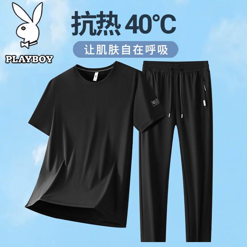 

PLAYBOY Men s Summer Ice Silk T-shirt & Pants Set 2XL