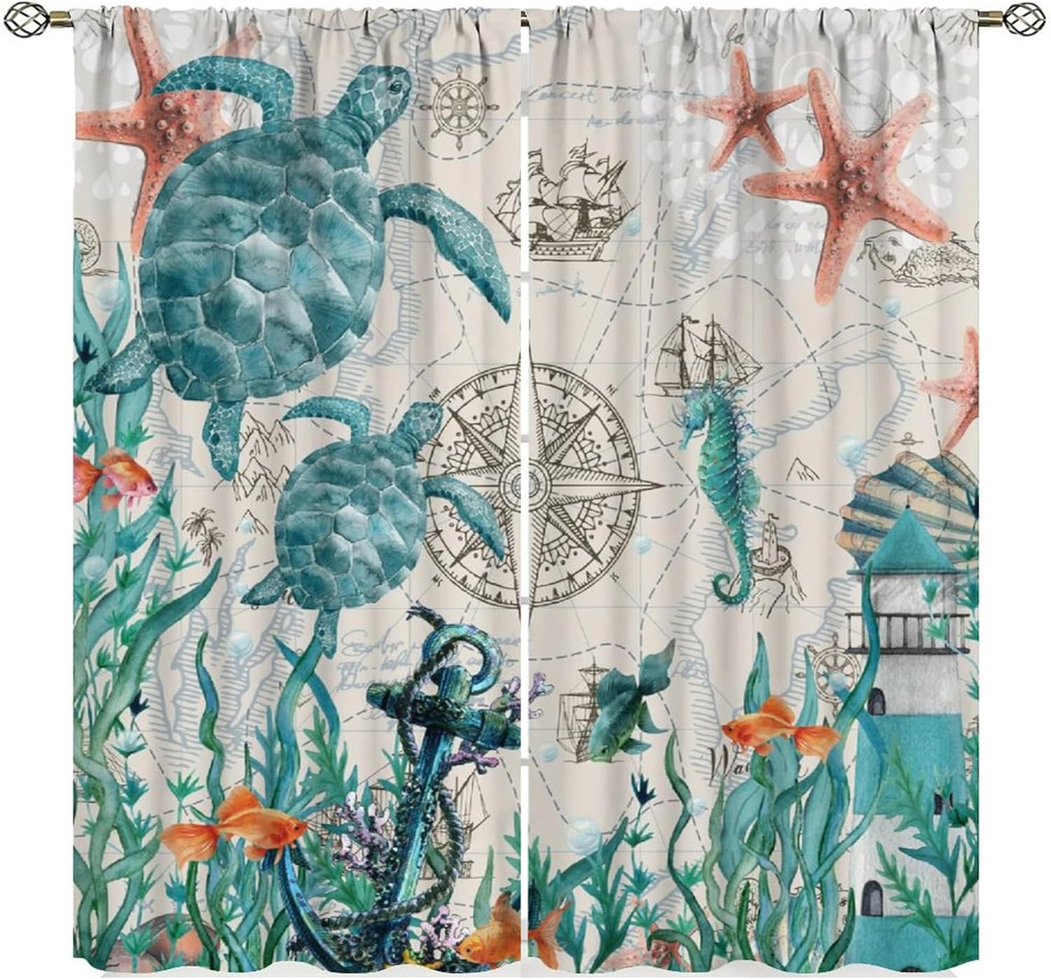 

Seahorse Curtains Ocean Animal Coral Nautical Map Starfish Sealifes Beach Theme Pattern Window Drapes Bedroom Kitc Curtain Polyester Ideal For Decor W100*H70(CM)-Rod Pocket&2PCS