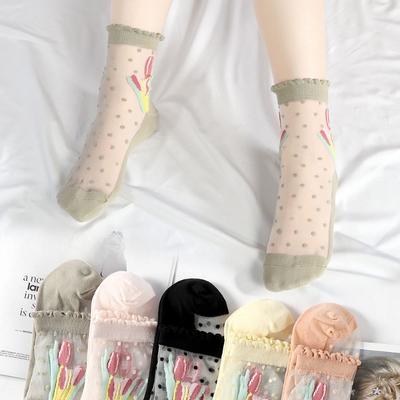 5 Paia di Calze Estive da Donna Super Sottili a Pois con Suola in Cotone Anti-Gancio Ricamate con Cristalli Trasparenti