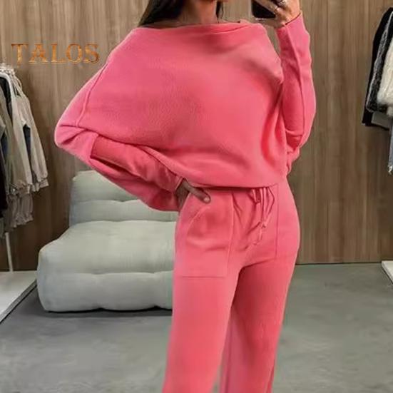 2 szt./zestaw Damski Zestaw Top i Spodnie Odkryte Ramiona Długie Rękawy Nietoperz Bluza Elastyczna Talia Rozszerzane Spodnie Dresowe Strój Sportowy Jesienny Casualowy Dres
