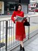 Women's Elegant Red Knit Dress - French Chic Style, Knee-Length, Lace Splicing, Lantern Sleeves Sweater Dress