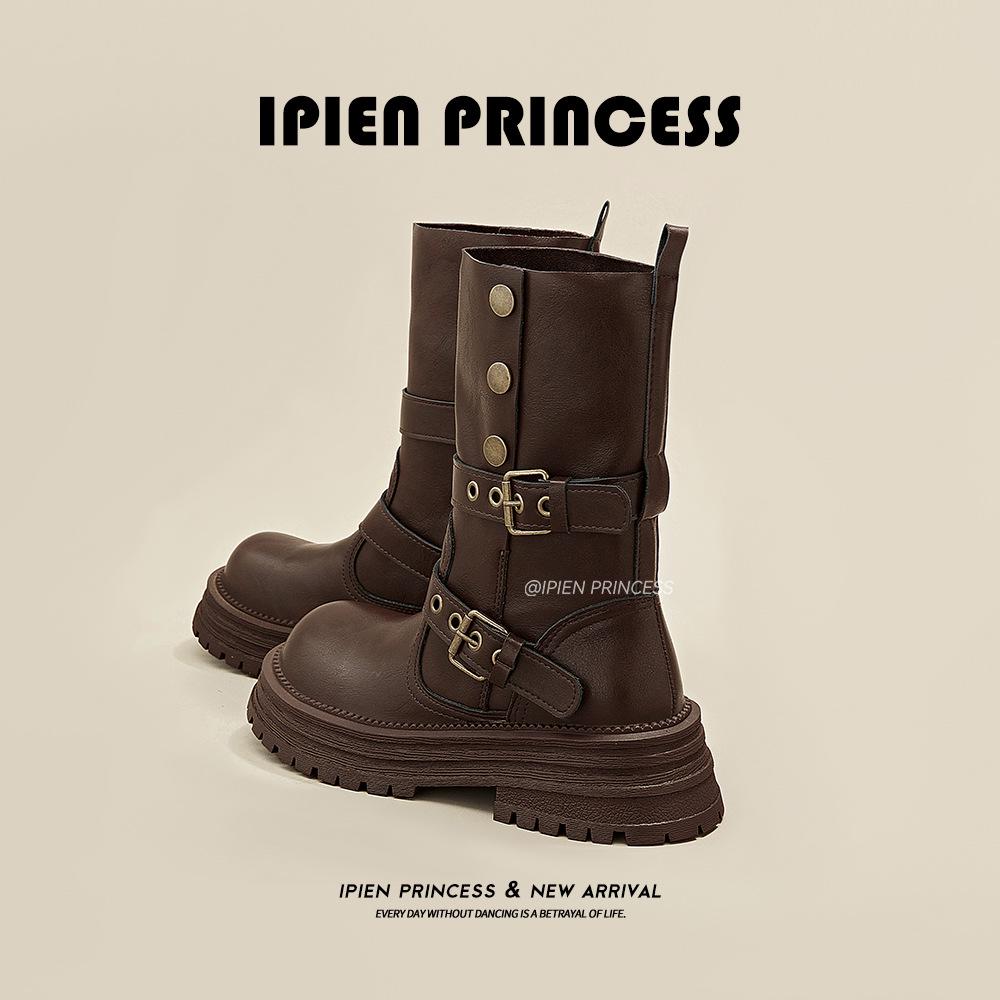 2025 New Women's British Style Martin Boots - Brown Retro Mid-Calf, Perfect for Early Autumn with Skirts