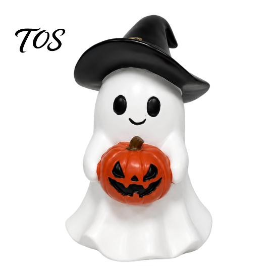 Resin Desktop Ornament Halloween Ghost Figurine, Cute Holding Pumpkin Unique Seasonal Statue for Desk Tabletop Indoor Home Decor Decoration