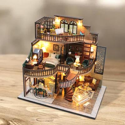 Doll House Kit Building Handmade Wood Mini Making with Furnitures and Light for Girls