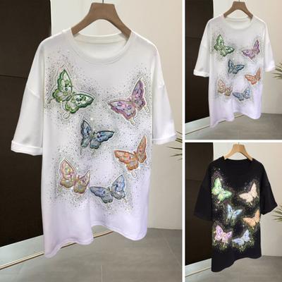 Women Summer T-shirt Round Neck Short Sleeve Tee Shirt Hot Drill Embroidery