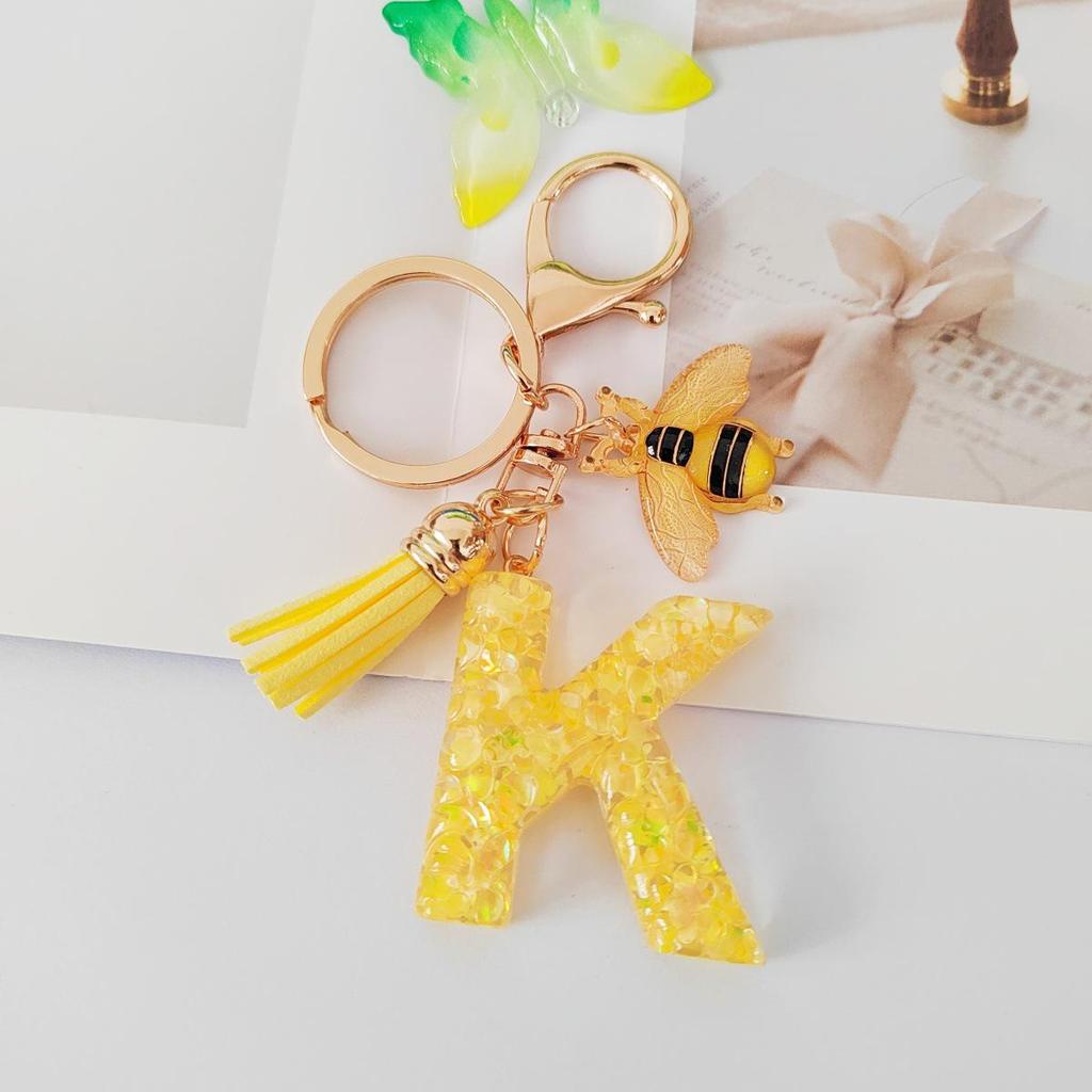 Yellow Bee Resin Glitter Letter Keychain Pendant Ornament