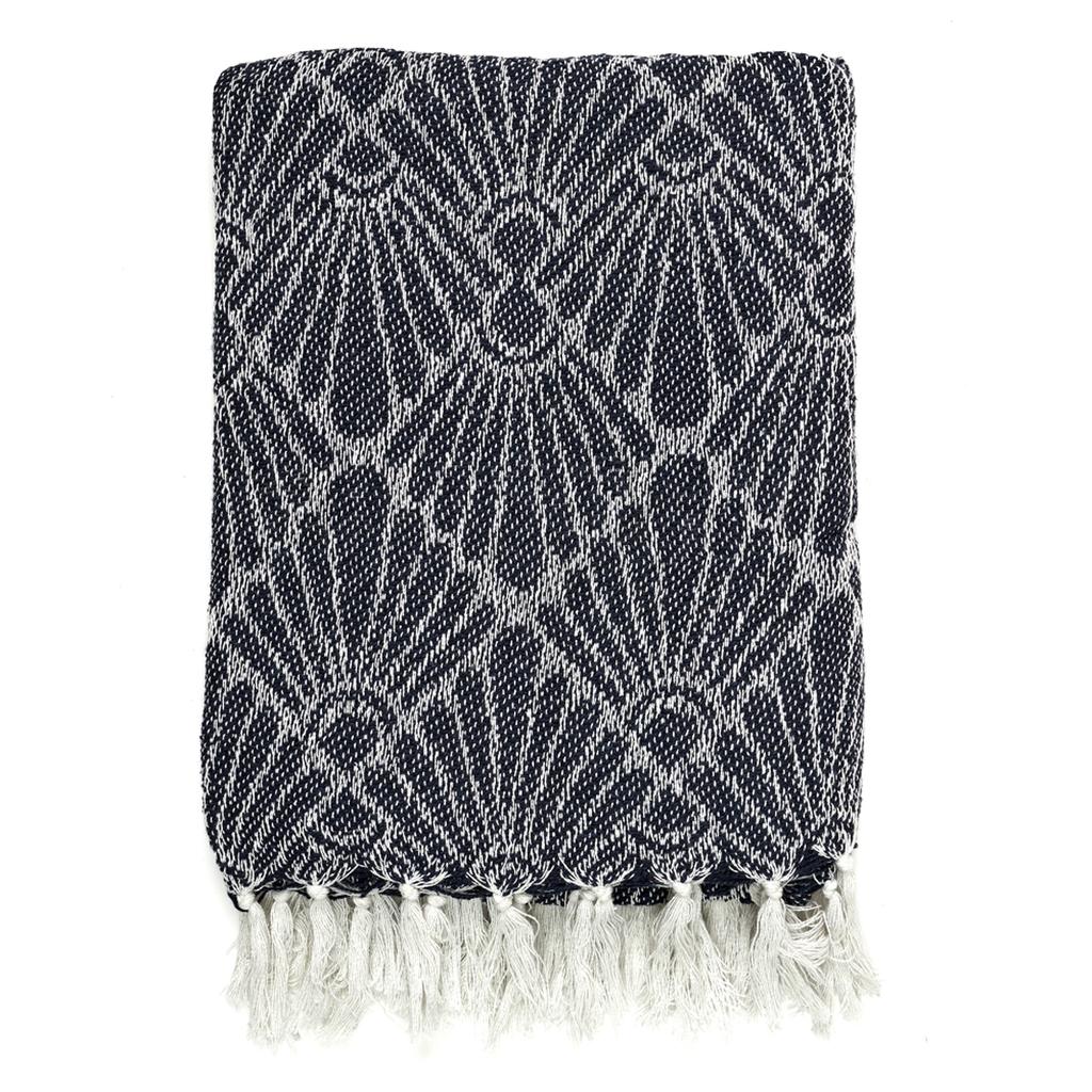 Les Trésors De Lily [A3529] – Geometrisch marineblauer „Boho“-Jacquard-Überwurf aus Baumwolle – 120 x 150 cm