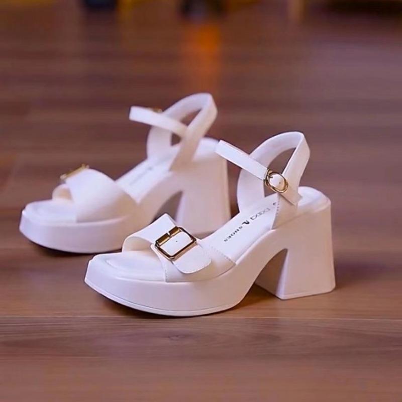 Fashion Ladies Shoes On Sale 2024 New One-word Buckle Women's Sandals Summer Open Toe Mid Heel Water Proof Concise Daily Sandals Women